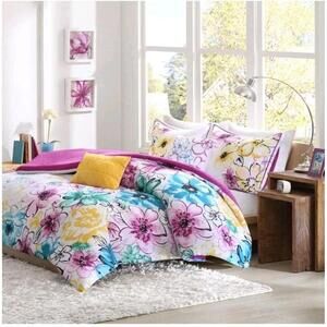 BEAUTIFUL MODERN BLUE AQUA TEAL YELLOW PURPLE GREY FLOWER GIRLS COMFORTER SET